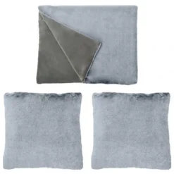 2 Coussins 1 Plaid Fausse Fourrure Gris